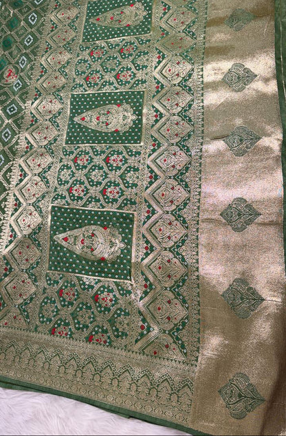 Green Satin Banarasi Saree