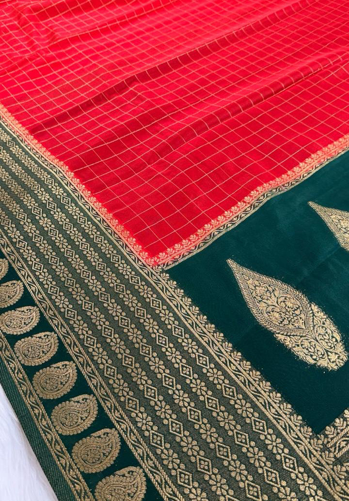 Red Green Semisilk Banarasi Saree