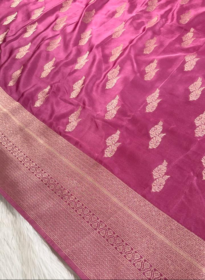 Onion Pink Satin Banarasi Saree