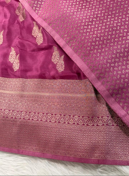 Onion Pink Satin Banarasi Saree