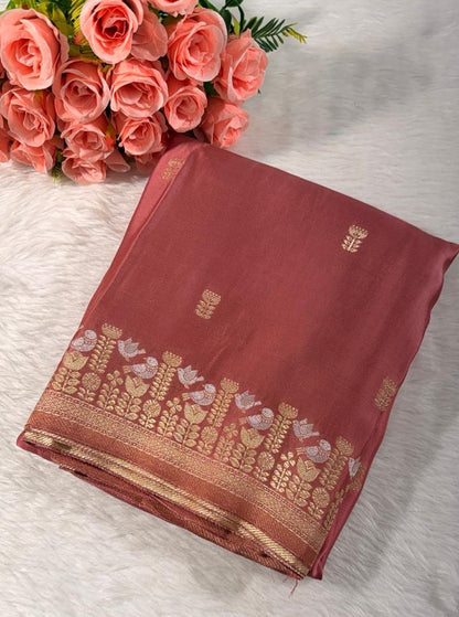 Onion Pink Satin Banarasi Saree