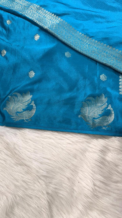 Blue Satin Banarasi Saree