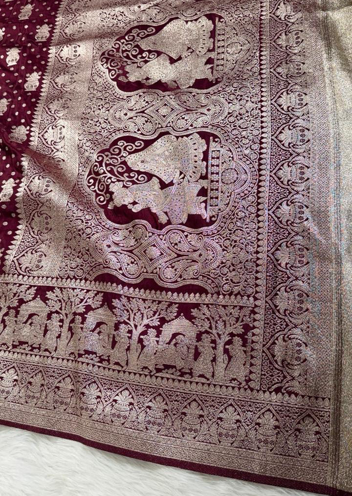 Maroon Satin Banarasi Saree