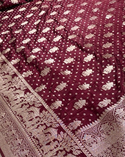 Maroon Satin Banarasi Saree