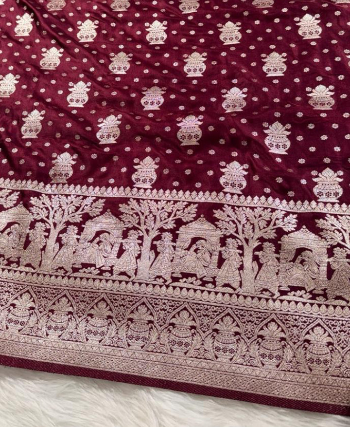 Maroon Satin Banarasi Saree