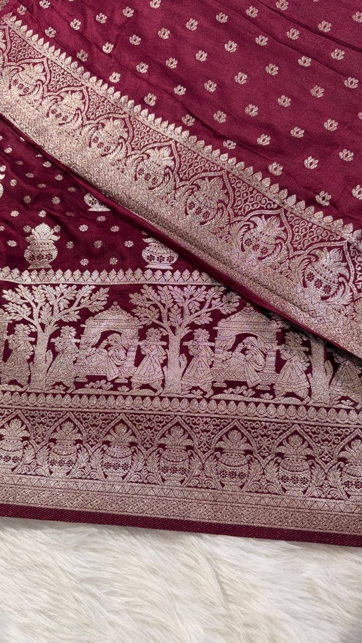 Maroon Satin Banarasi Saree