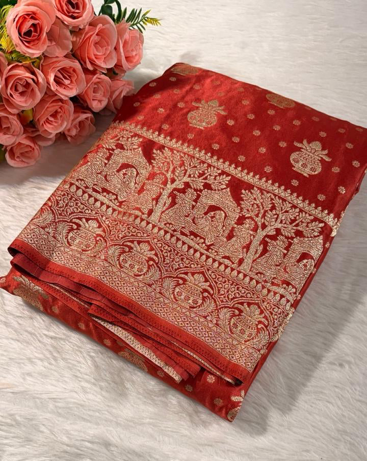 Orange Satin Banarasi Saree
