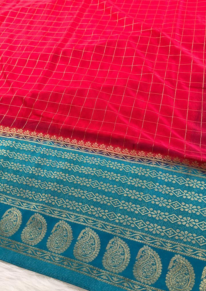 Pink Blue Semisilk Banarasi Saree