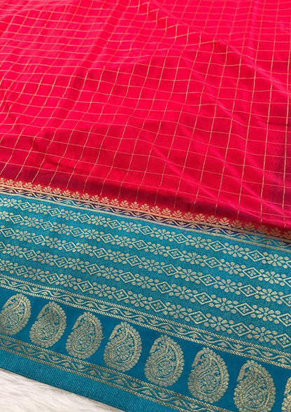 Pink Blue Semisilk Banarasi Saree