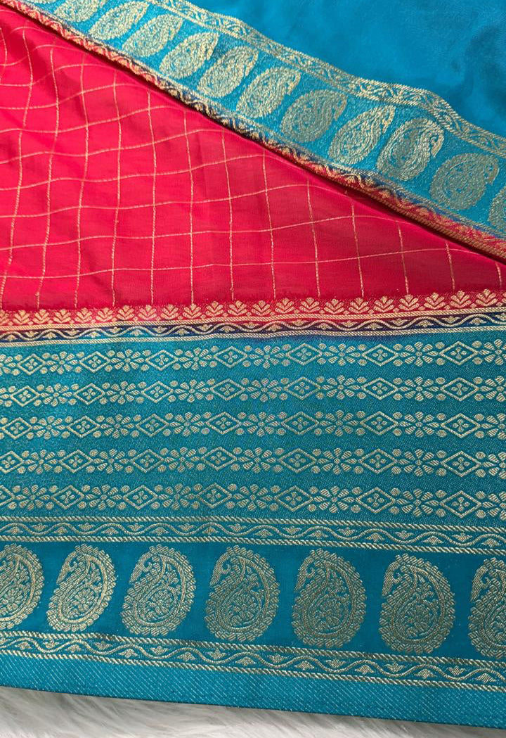 Pink Blue Semisilk Banarasi Saree