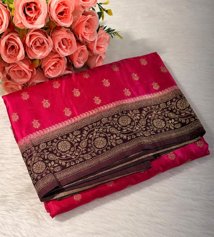 Pink Brown Satin Banarasi Saree