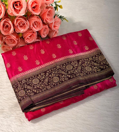Pink Brown Satin Banarasi Saree