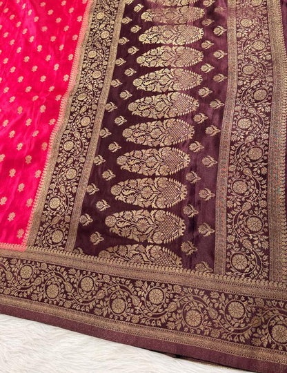 Pink Brown Satin Banarasi Saree
