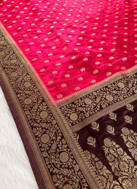 Pink Brown Satin Banarasi Saree