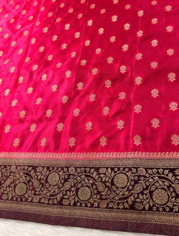 Pink Brown Satin Banarasi Saree