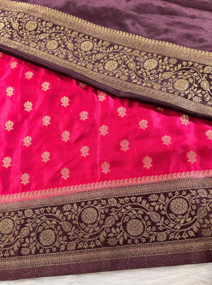 Pink Brown Satin Banarasi Saree