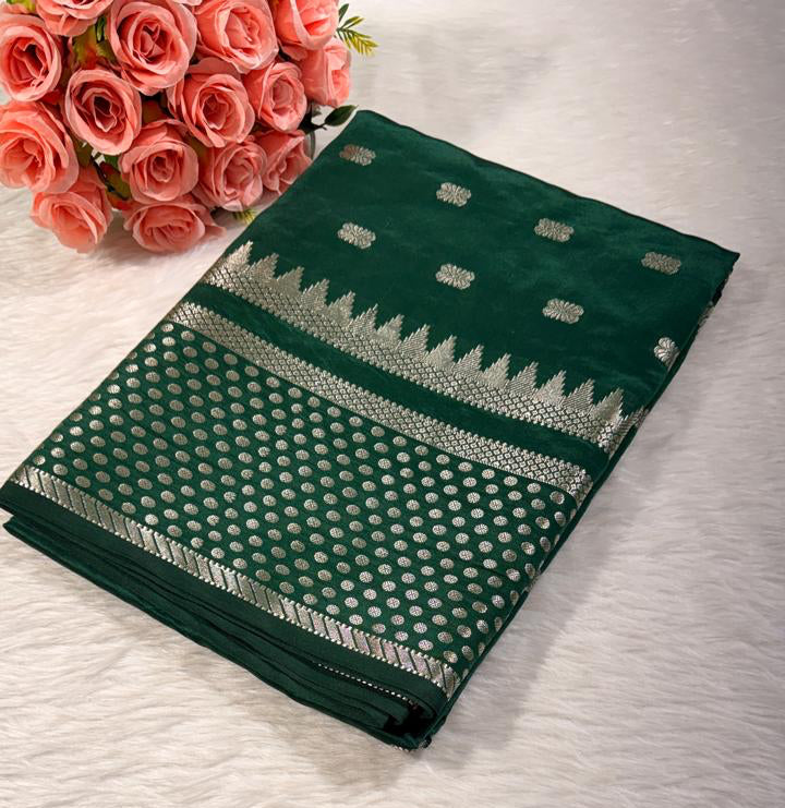 Bottle Green Semisilk Banarasi Saree