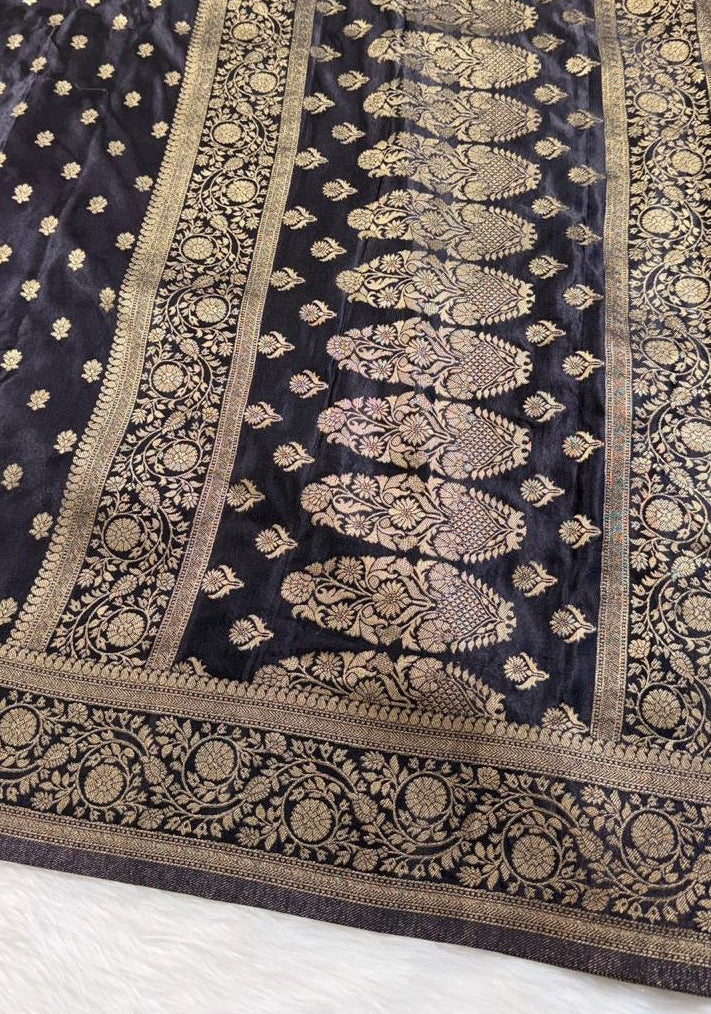 Black Satin Banarasi Saree