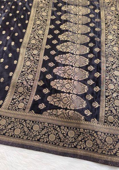Black Satin Banarasi Saree