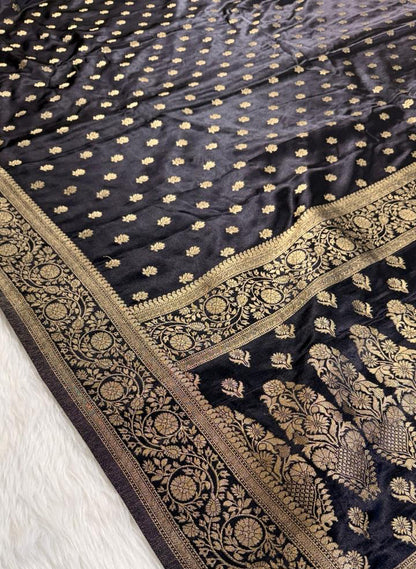 Black Satin Banarasi Saree
