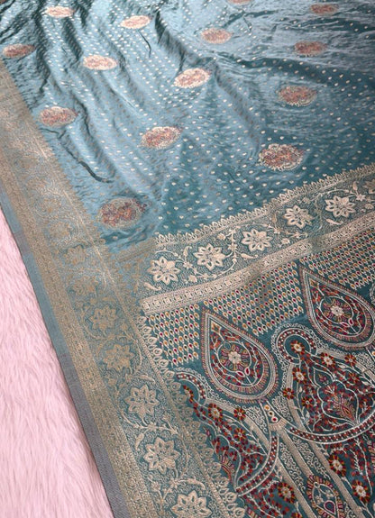 Turquoise Satin Banarasi Saree