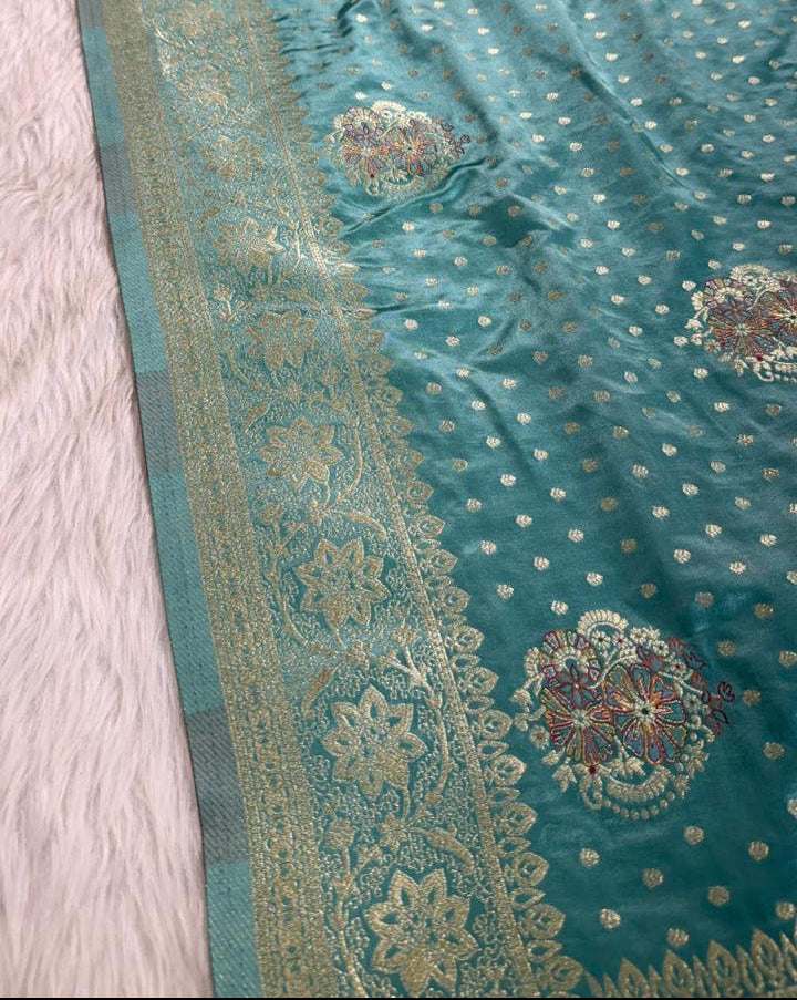 Turquoise Satin Banarasi Saree