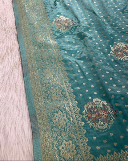 Turquoise Satin Banarasi Saree