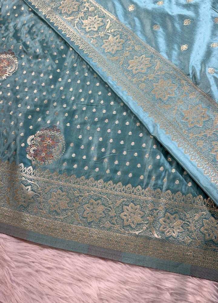 Turquoise Satin Banarasi Saree