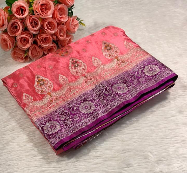 Coral Pink Satin Banarasi Saree