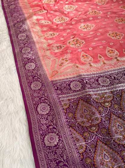 Coral Pink Satin Banarasi Saree