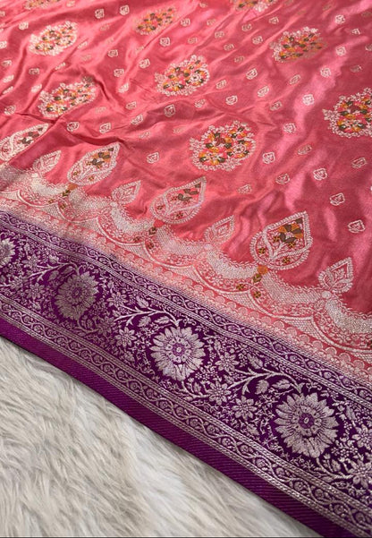 Coral Pink Satin Banarasi Saree