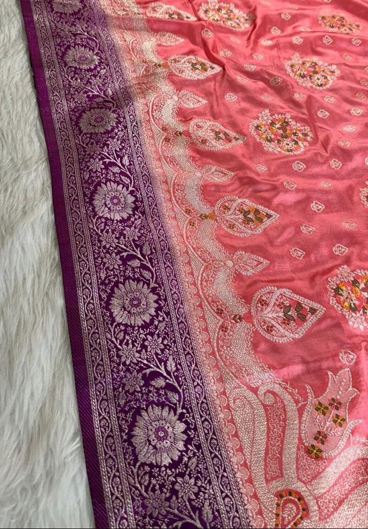 Coral Pink Satin Banarasi Saree
