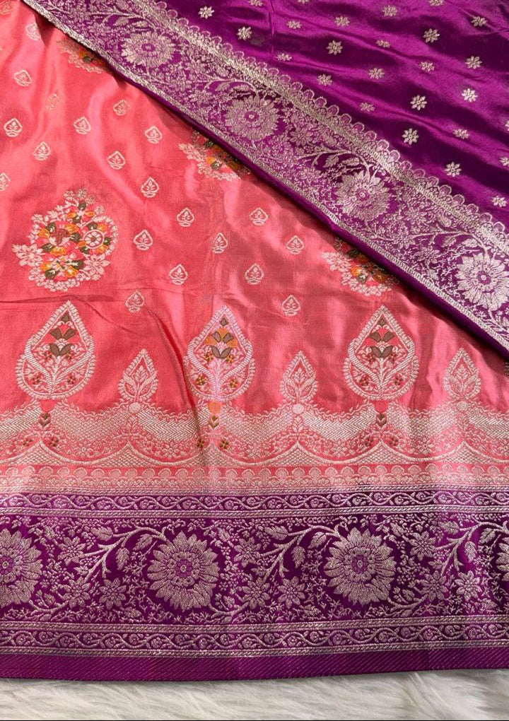 Coral Pink Satin Banarasi Saree