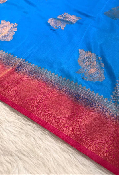 Blue Pink Semisilk Banarasi Saree