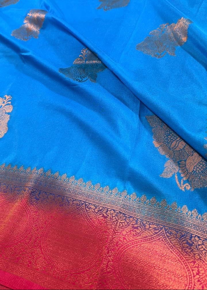 Blue Pink Semisilk Banarasi Saree