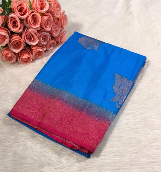 Blue Pink Semisilk Banarasi Saree