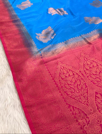 Blue Pink Semisilk Banarasi Saree