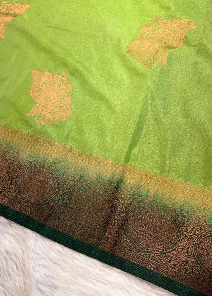 Green Floral Semisilk Banarasi Saree