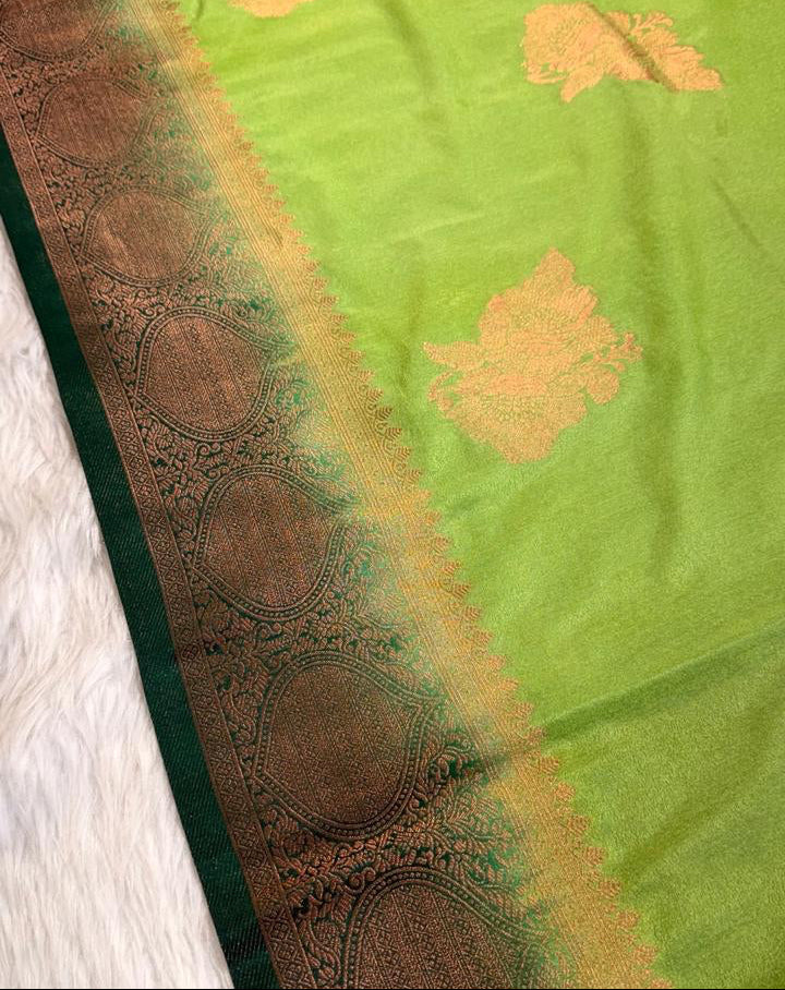 Green Floral Semisilk Banarasi Saree