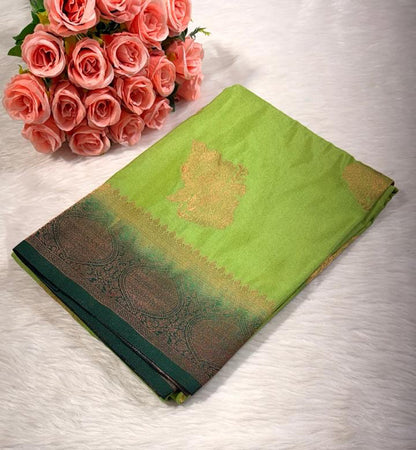 Green Floral Semisilk Banarasi Saree