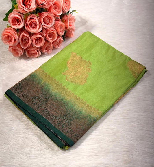 Green Floral Semisilk Banarasi Saree