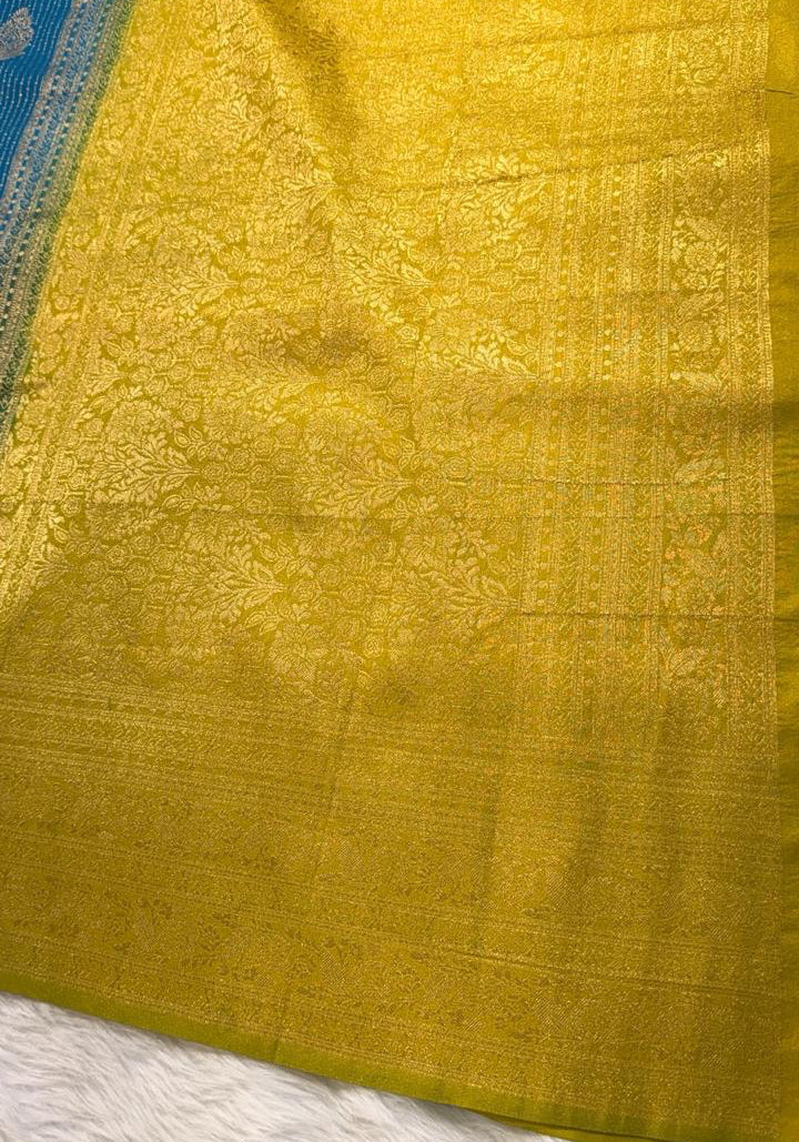 Blue Yellow Semisilk Banarasi Saree