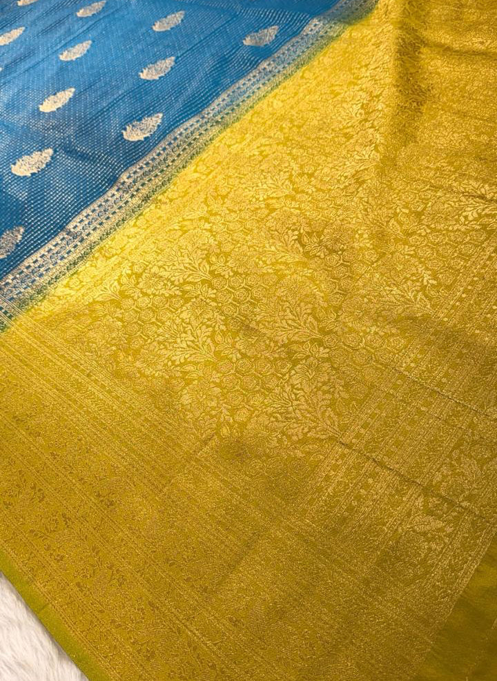 Blue Yellow Semisilk Banarasi Saree