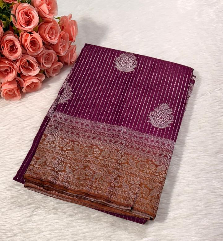 Maroon Brown Semisilk Banarasi Saree