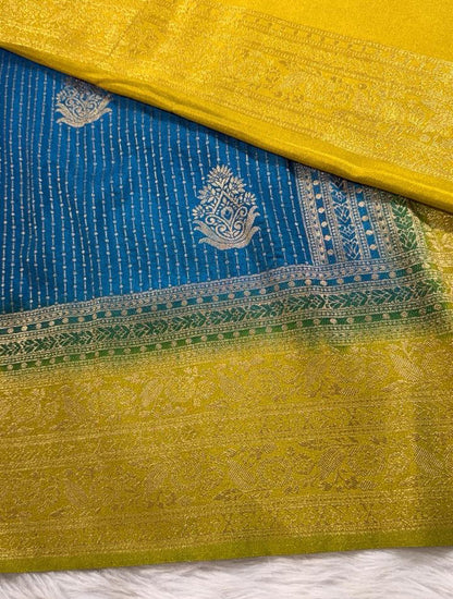 Blue Yellow Semisilk Banarasi Saree