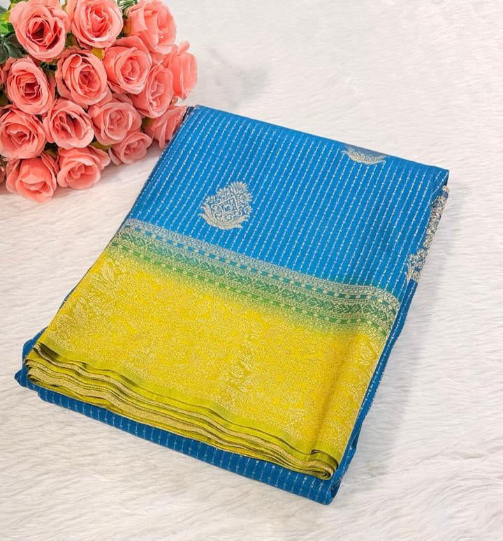 Blue Yellow Semisilk Banarasi Saree