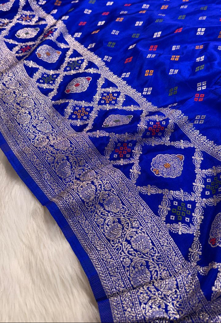Royal Blue Satin Banarasi Saree