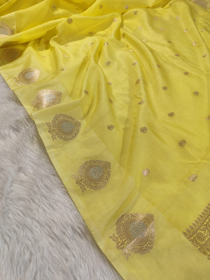 Lime Yellow Raw Mango Banarasi Saree