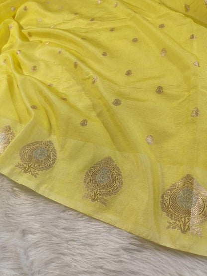Lime Yellow Raw Mango Banarasi Saree
