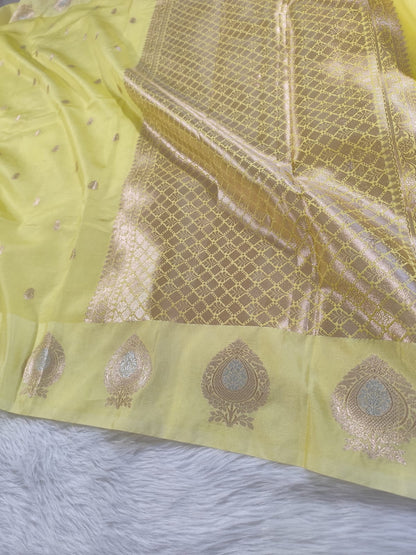 Lime Yellow Raw Mango Banarasi Saree